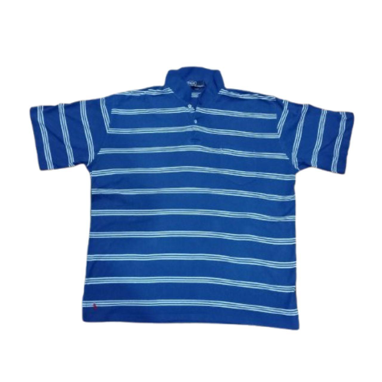 Blue and white striped polo shirt on a white background