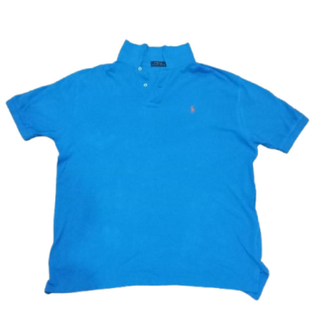 Blue polo shirt with a brand logo on a white background
