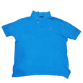 Blue polo shirt with a brand logo on a white background