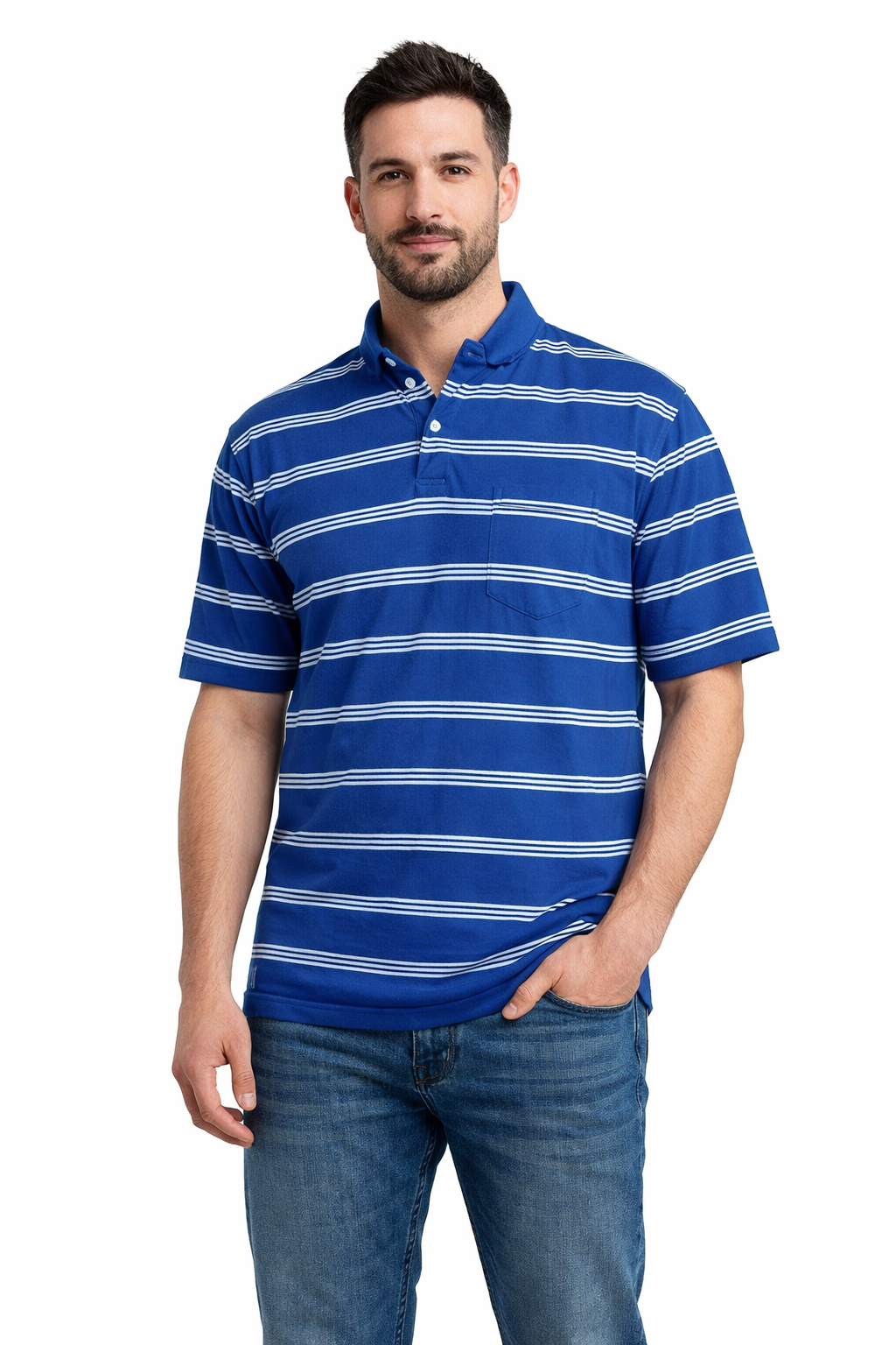 Man wearing a blue striped polo shirt on a white background