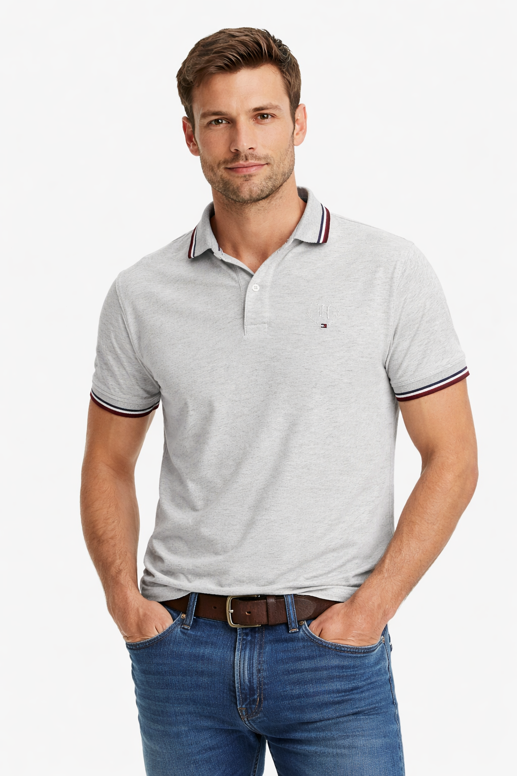 Vintage Tommy Hilfiger Polo Shirt – Light Grey Custom Fit Men’s Short Sleeve