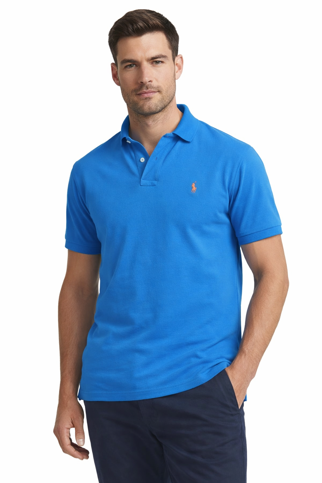 Man wearing a blue polo shirt with a visible brand logo on a white background