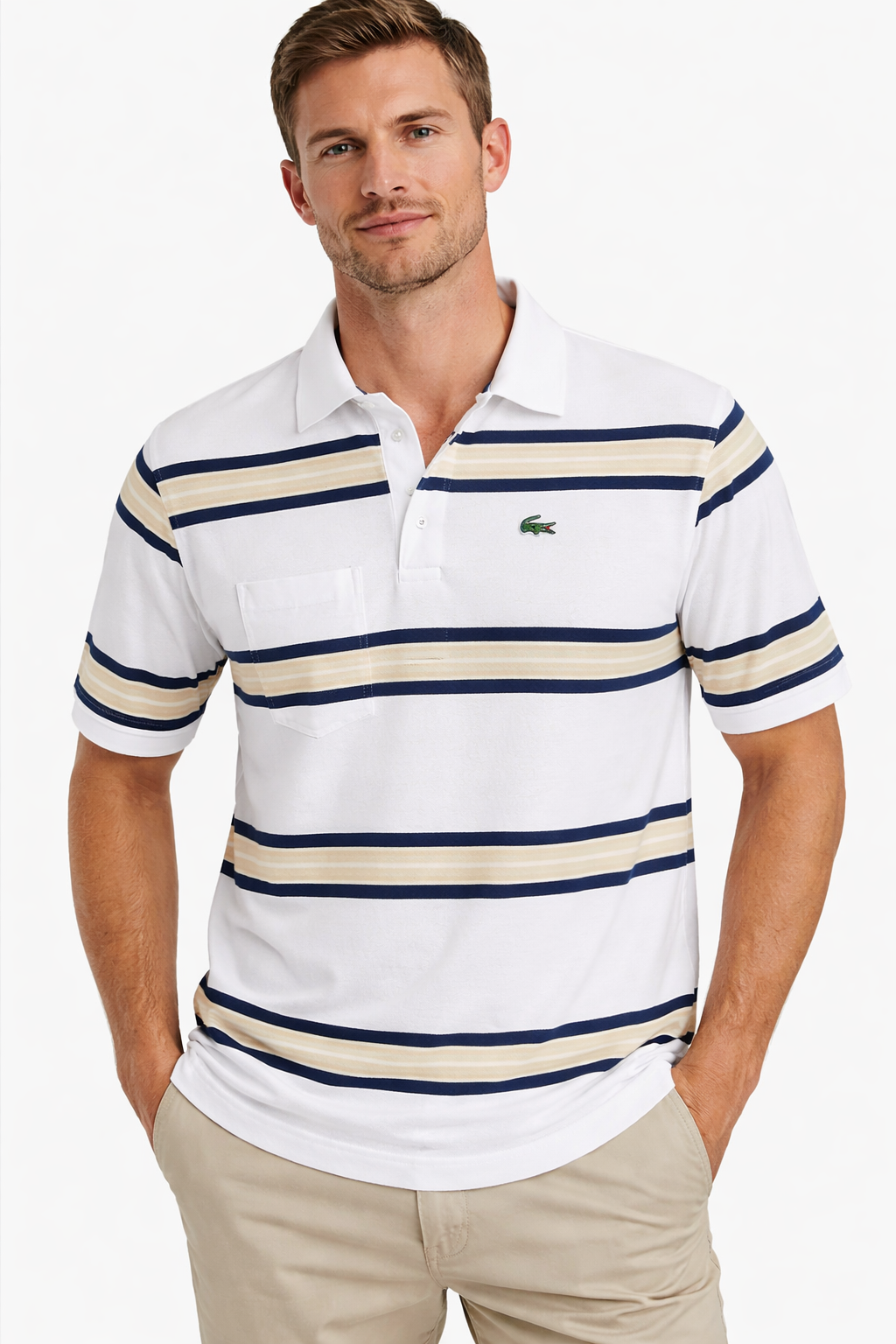 Vintage Lacoste Club Striped Polo Shirt – White Navy Beige
