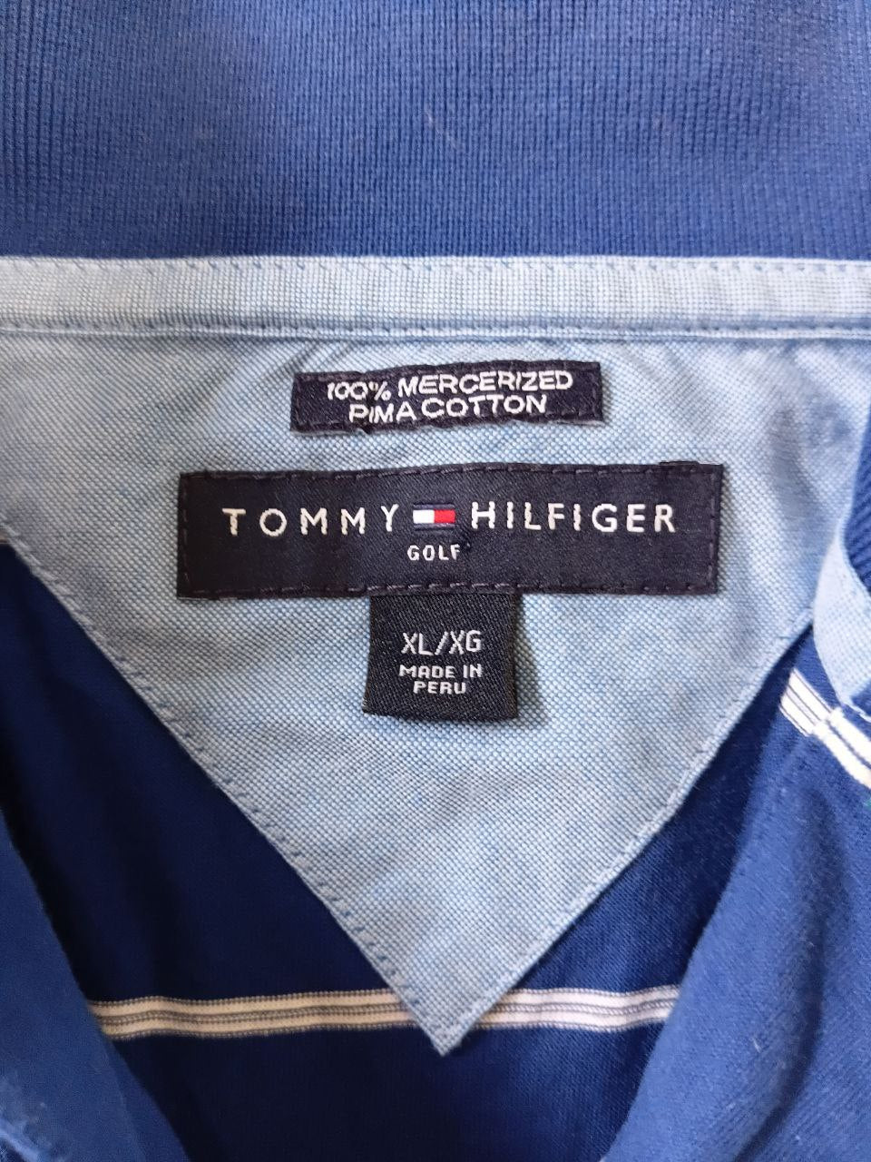 Vintage Tommy Hilfiger Golf Polo Shirt Blue White Stripe – XL Pima Cotton